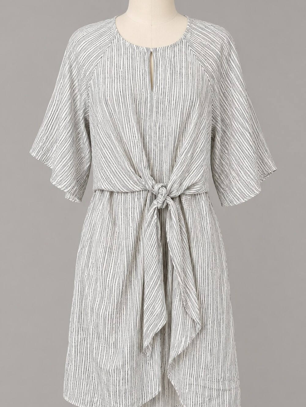 New York & Company White with Black Pinstripe Tie-Waist Midi Dress - Picture 1 of 6